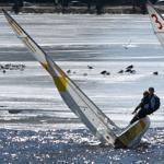 Members of the University of Rhode Island and MIT teams maneuvered near the ice as Tufts hosted the New England Team Race Regatta in front of the MIT Sailing Pavilion in the Charles River. 