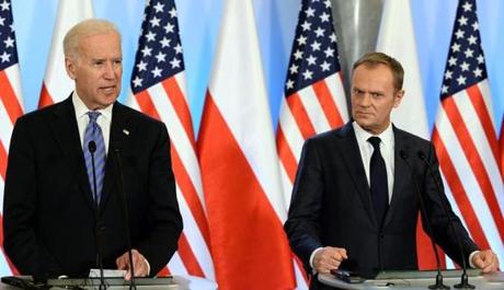 US Vice President Joe Biden (left) and Polish Prime Minister Donald Tusk at a press conference in Warsaw, Poland.
