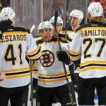 Brad Marchand celebrated his second-period short-handed goal against the Devils.
