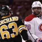 Montreal’s P.K. Subban exchanged glances with Bruins left wing Brad Marchand during the second period Monday. 