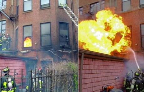 A composite image of two Boston Fire Department photos show firemen battling the blaze as fire shot from a window.
