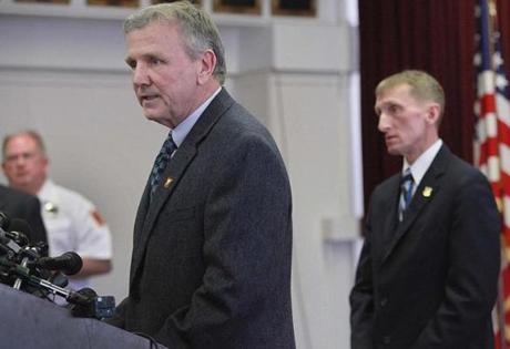 Boston Fire Commissioner John Hasson (left) was joined by Boston Police Commissioner William Evans at a press conference Friday afternoon.
