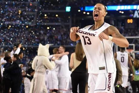 UConn’s Shabazz Napier of Roxbury, who scored 22 points, lets everyone know who the top dogs are.
