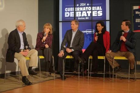 Massachusetts Democratic gubernatorial candidates faced off in recent debate. From left are Donald Berwick, Martha Coakley, Joseph Avellone, Juliette Kayyem, and Steve Grossman. 
