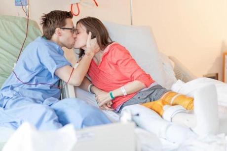 Patrick Downes and Jessica Kensky reunited at Beth Israel Deaconess Medical Center 15 days after the Marathon bombings. 
