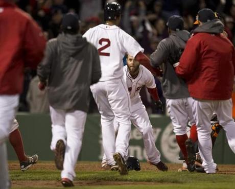 Dustin Pedroia and the Red Sox celebrated the 6-5 win over the Orioles.
