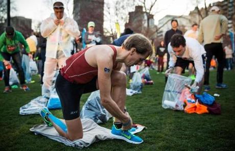 Runners prepared for the race at Boston Common.
