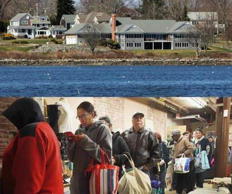 The two sides of Bristol, R.I., could be seen at the East Bay Food Pantry (below), where people waited in line this month, and in the ocean vista from homes on Poppasquash Road in a wealthier section of town.
