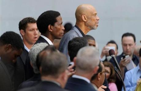 Kareem Abdul Jabbar responded on behalf to the players association to Donalds Sterling’s remarks, in Los Angeles Tuesday.
