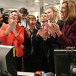 Senator Elizabeth Warren (left) joined joyous researchers celebrating the restart of a nuclear fusion project at MIT. 