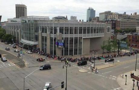 A line stretched around the corner of the DCU Center in Worcester to attend the ceremony.
