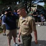 Marine Lance Corporal Michael leahy was welcomed home in Hingham from Afghanistan.