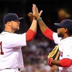 Jon Lester congratulated center fielder Jackie Bradley Jr. after his catch (and double play) in the seventh inning.