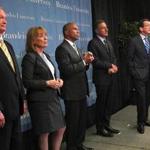 From left, Governors Lincoln D. Chafee, Maggie Hassan, Deval Patrick, Peter Shumlin, and Dannel Malloy hope to tighten prescription monitoring and expand access to treatment. 