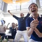 Fans of the French team celebrated a goal at LabCentral in Cambridge on Friday.