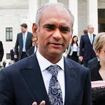 Aereo CEO and founder Chet Kanojia (center) departed the Supreme Court in April.