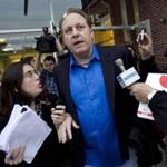 Curt Schilling was questioned by members of the media as he left the headquarters of the Rhode Island Economic Development Corporation.