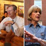 Charlie Baker visited a Roxbury restaurant in June (left), and Martha Coakley greeted supporters in Salem.