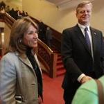 ?We are our own brand on the social issues . . . embracing a woman?s right to choose,? said Karyn Polito (left), a Republican candidate for lieutenant governor, referring to herself and running mate, Charlie Baker (right).