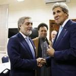 Secretary of State John Kerry shook hands with Afghan presidential candidate Abdullah Abdullah at the start of a meeting at the US Embassy in Kabul Friday.