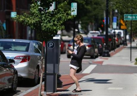 Dedham Square improvements include pay stations that cater to people running quick errands. 
