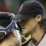 Red Sox catcher Christian Vazquez hugged Clay Buchholz after he finished a complete game win in Houston. 