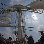 The crew of the Charles W. Morgan hoisted sails on the voyage to Charlestown. Mystic Seaport spent $7.5 million to restore the ship.