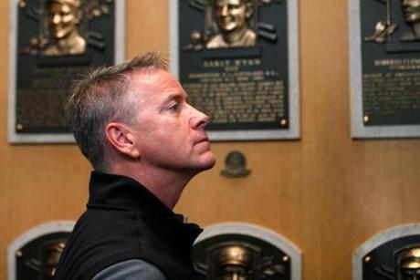 Billerica?s Tom Glavine visited the Plaque Gallery at the Baseball Hall of Fame in March; his bust will be hanging on the wall Sunday.
