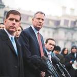 New York Mayor Bill de Blasio and Boston Mayor Martin Walsh were seen following a meeting with President Obama and other newly-elected mayors.