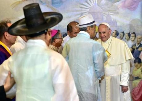 Pope Francis (right) met with South Korea?s religious leaders at Myeong-dong Cathedral in Seoul on Monday.
