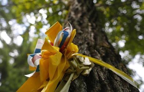 A yellow ribbon was tied to a tree outside the Foley family's home.
