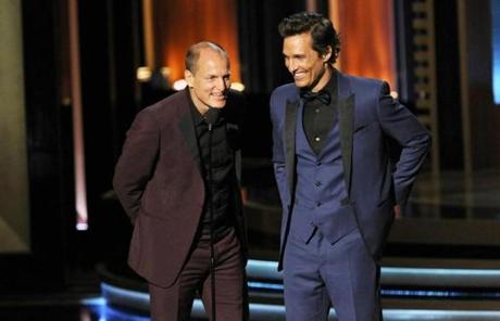 Woody Harrelson, left, and Matthew McConaughey presented an award. Neither won an award, though both were nominated.
