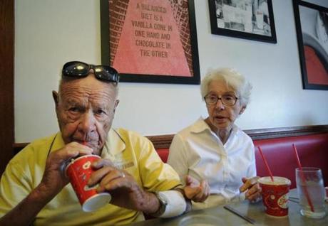 Friendly?s co-founder Prestley Blake, 99, sips on a fribble during an outing to the chain with his wife Helen. 
