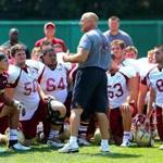 Coach Steve Addazio spoke to the players at the end of practice earlier this month.