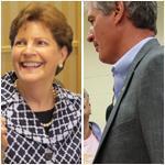Senator Jeanne Shaheen met Doug Bohlman (left) at a recent Rotary Club event. At right, Nancy Kindler (from left), and Jud and Gail Keach listened to GOP Senate hopeful Scott Brown at a town hall meeting.