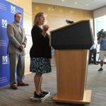 Debbie Sacra, the wife of Dr. Richard A. Sacra, the third US physician to be diagnosed with Ebola, addressed reporters at  UMass Medical School in Worcester on Thursday.