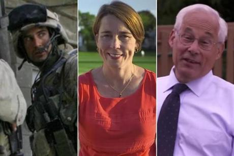 Voters have been hit with ads from Seth Moulton (left), Maura Healey, and Don Berwick this political season.
