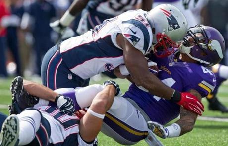 Jerod Mayo stopped Matt Asiata in the first quarter.
