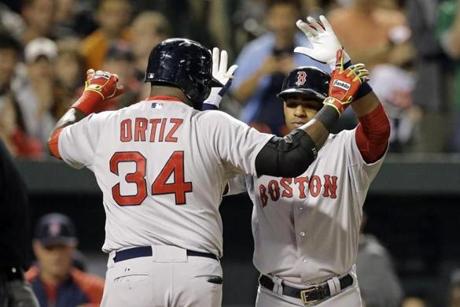 David Ortiz and Yoenis Cespedes (rear) hit back-to-back home runs in the fourth inning. Ortiz later added a two-run homer in the 10th inning. (AP Photo/Patrick Semansky)
