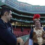 Actors Paul Melendy, left, were at a rehearshal at Fenway before Friday?s show. 