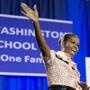Michelle Obama waved to the crowd at Booker T. Washington High School in Atlanta earlier this month.