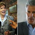 Jeanne Shaheen spoke to reporters at a campaign stop in Manchester, New Hampshire (left). Scott Brown spoke during a campaign stop in Concord. 