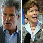 Jeanne Shaheen spoke to reporters at a campaign stop in Manchester, New Hampshire (left). Scott Brown spoke during a campaign stop in Concord. 