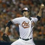 Orioles reliever Andrew Miller delivers a pitch in the sixth inning of Game 1 of the American League Division Series against the Tigers.  Jim Lo Scalzo/EPA