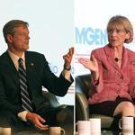 Republican Charlie Baker and Democrat Martha Coakley, at the 2014 MassBio Gubernatorial Forum on Monday. Baker promised ?a transparent marketplace? for health care; Coakley cited her ?groundbreaking? work on health care costs.