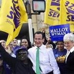Union members stood with Governor Dannel P. Malloy (center) before a recent gubernatorial debate in Hartford.