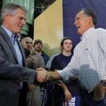 Scott Brown, left, was joined by former presidential nominee Mitt Romney at a campaign rally at Gilchrist Metal Fabricating in Hudson, N.H.