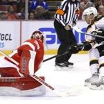 Bruins center David Krejci scored against Detroit Red Wings goalie Jimmy Howard in the first period, then added another goal in the shootout. (AP Photo/Paul Sancya)
