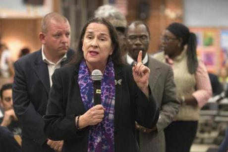 Cynthia Lowney spoke during a town hall meeting on Ebola concerns on Staten Island Friday.
