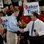 Democrats say New Jersey Governor Chris Christie (right) is protecting GOP gubernatorial candidate Charlie Baker over a $10,000 donation to the New Jersey GOP.